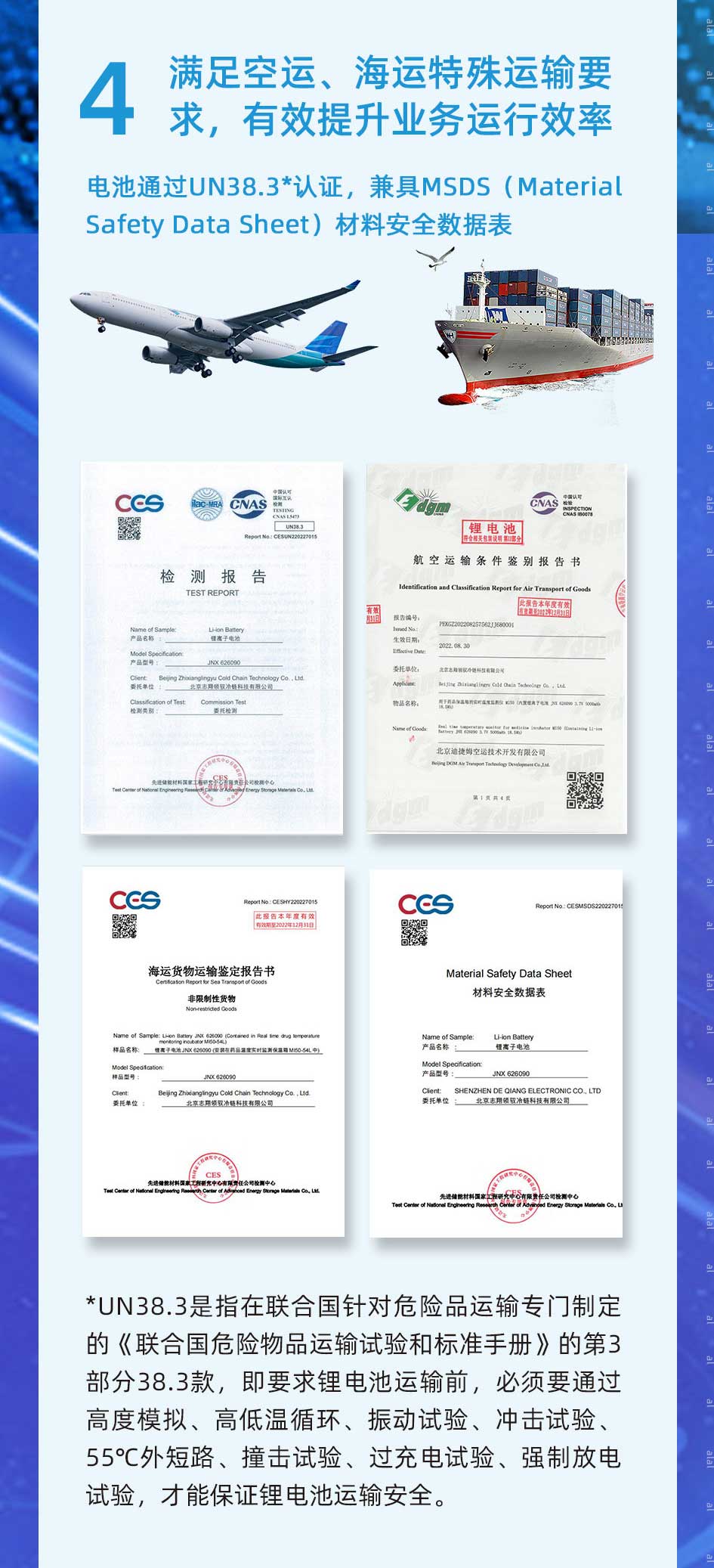 MI50系列溫度監(jiān)測儀電池通過UN38.3*認(rèn)證，兼具M(jìn)SDS（Material Safety Data Sheet）材料安全數(shù)據(jù)表，滿足空運、海運特殊運輸要求，有效提升業(yè)務(wù)運行效率。